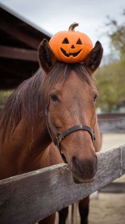 Halloween-Ausritt mit verkleideten Kindern und geschmückten Ponys bei Dämmerung
