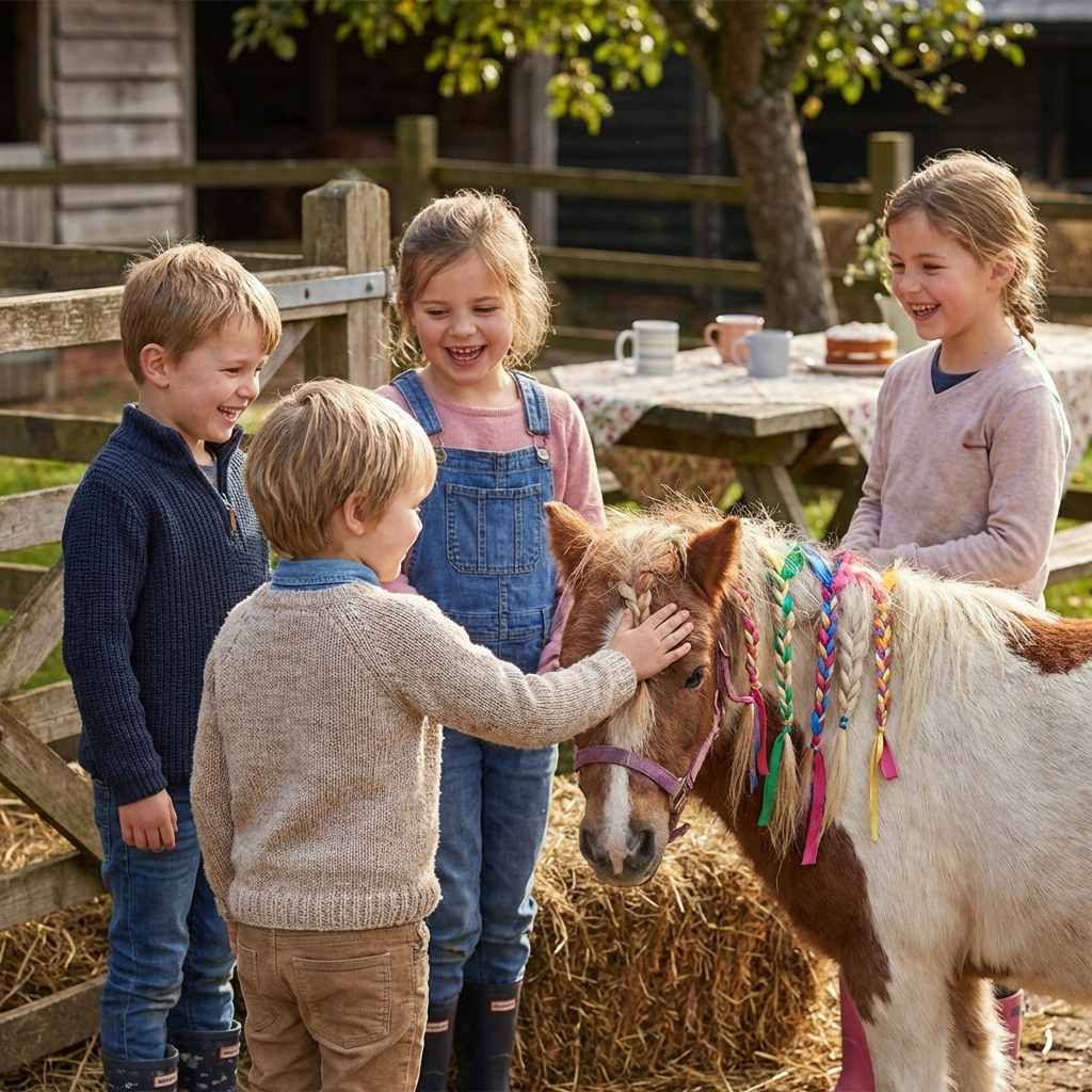 Glückliche Kinder feiern einen authentischen Pony-Geburtstag auf dem Hof
