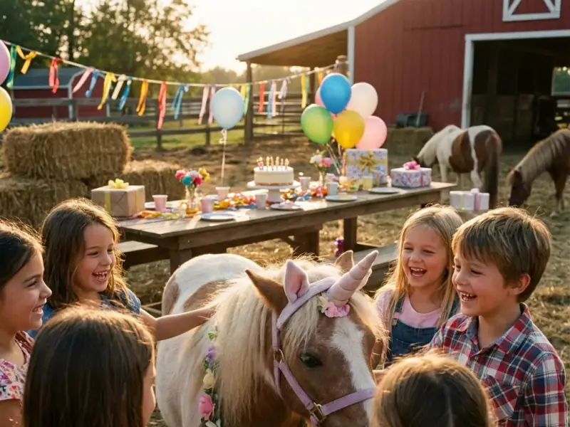 Pony-Erlebnistag für Gruppen in Renningen - festlich geschmückter Bereich mit Ponys und Kindern.